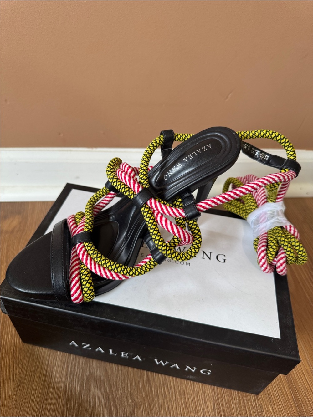 Azalea Wang Black Leather Heeled Sandals with  Rope Straps